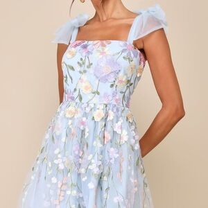 Lulus Classic Romance Blue 3D Floral Applique Tie-Strap Mini Dress